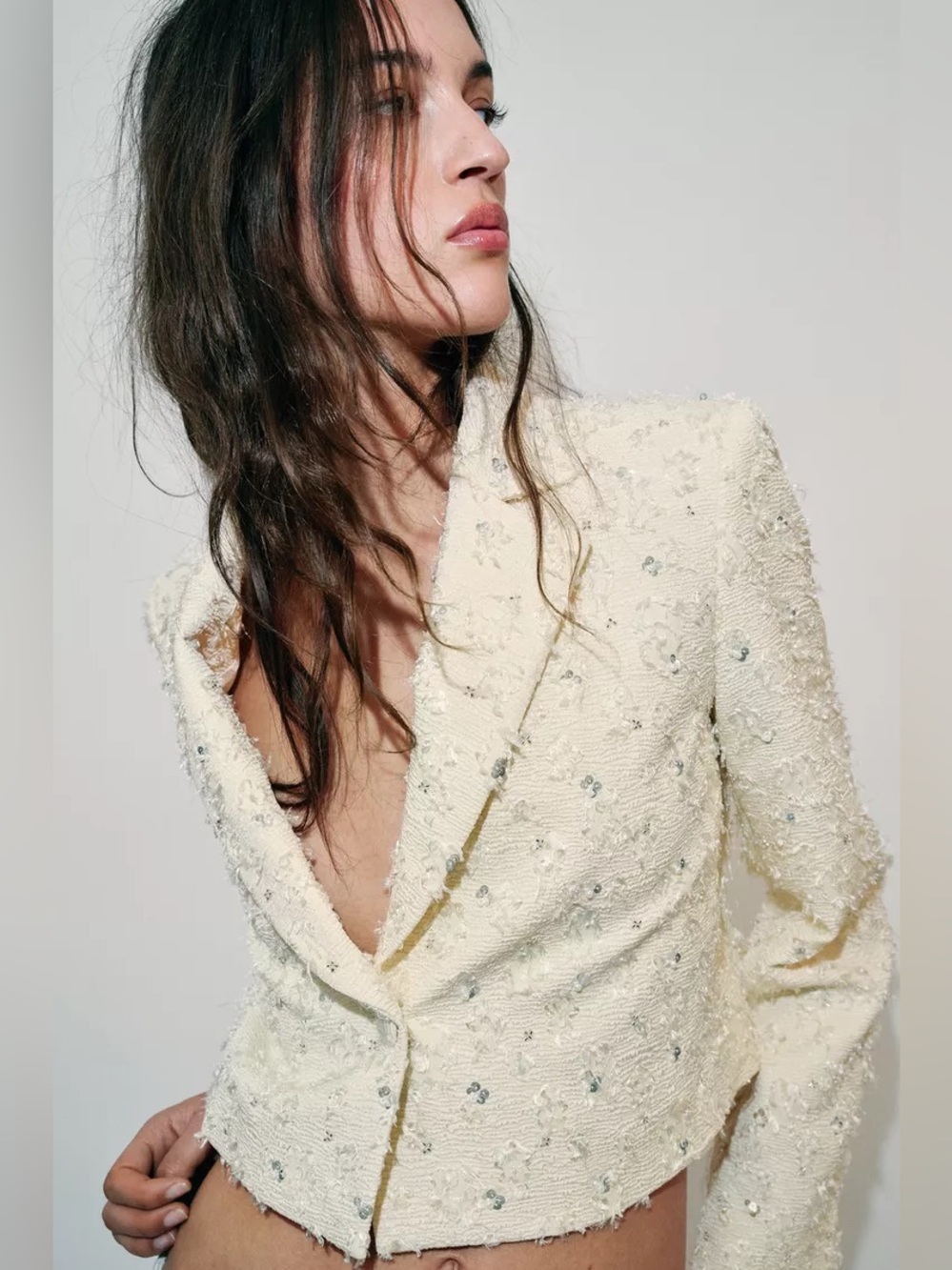 Zara Cream Beaded Tweed Blazer. POP